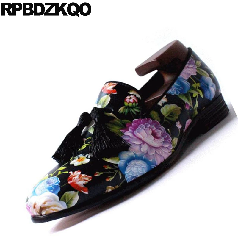 Fleur Vintage Cuir Imprimé Hommes Floral Taille Glissement Sur Flower Mocassins Haute Grande Caoutchouc Semelle Véritable Gland En Qualité Chaussures Luxe De S44dpA