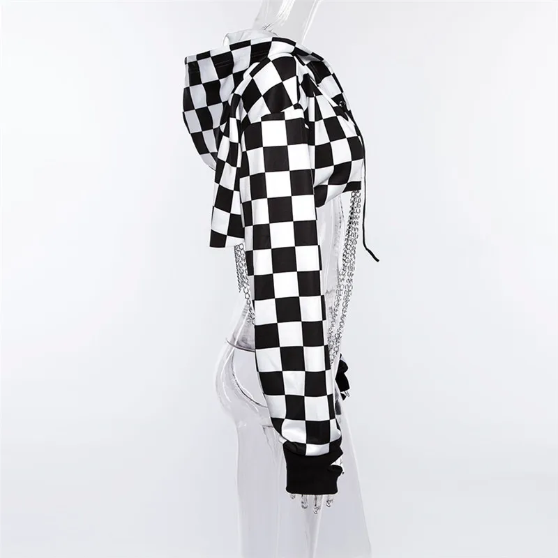 Harajuku Винтаж Панк стиль черно-белый Клетчатая металлическая цепь с длинным рукавом укороченный топ с капюшоном короткие футболки YQ-816