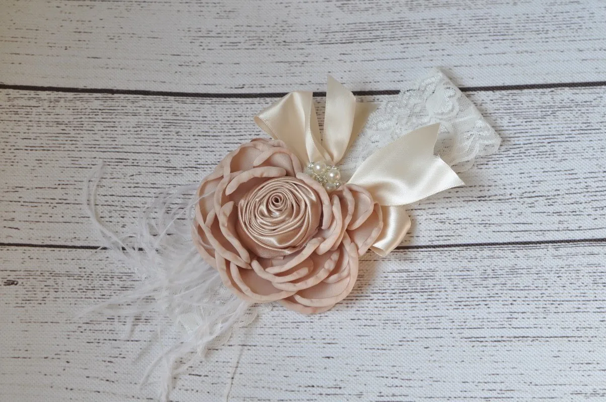 

Europe Children Headdress Satin Side Flower Volume Plum Satin Pearl Diamond Bow Lace Headband