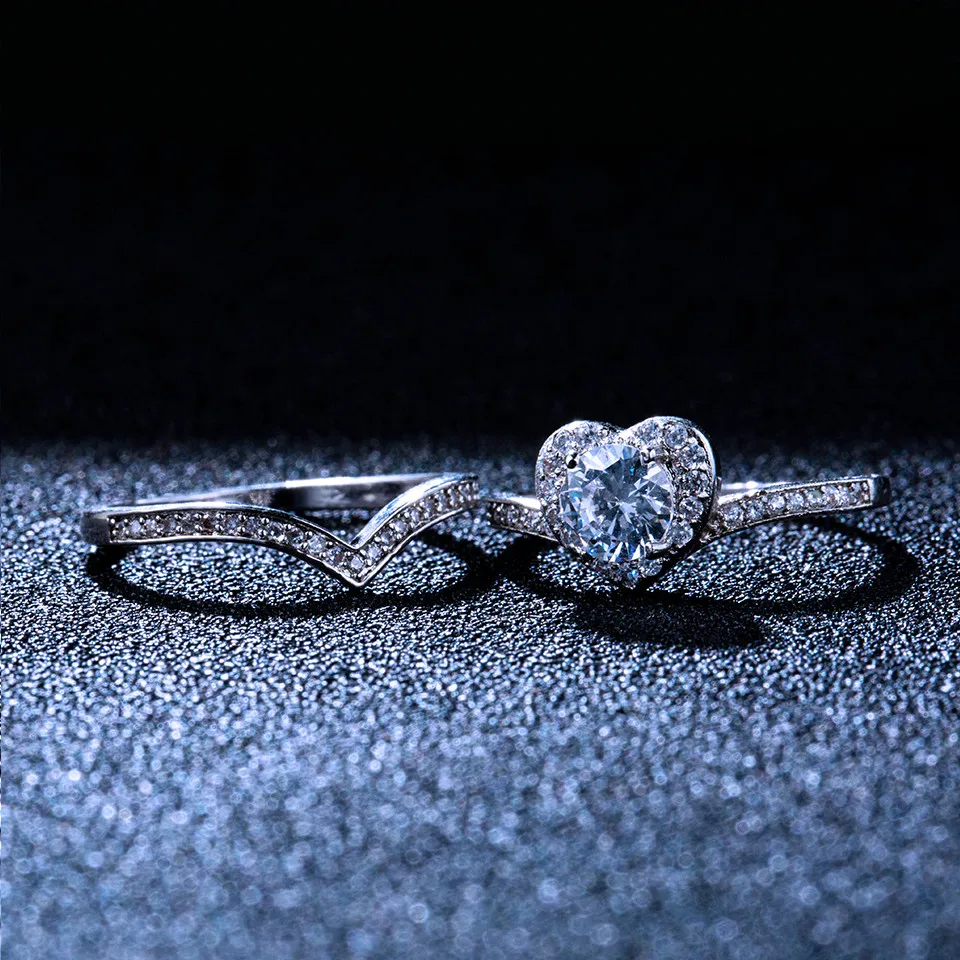 Сверкающие идеальные свадебные кольца в форме V для женщин с большим сердцем, роскошный набор для любви, циркон, обручальные женские вечерние ювелирные изделия, бижутерия, подарки