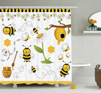 

Collage Decor Shower Curtain Flying Bees Daisy Honey Chamomile Flowers Pollen Spring Themed Animal Print Bathroom Set