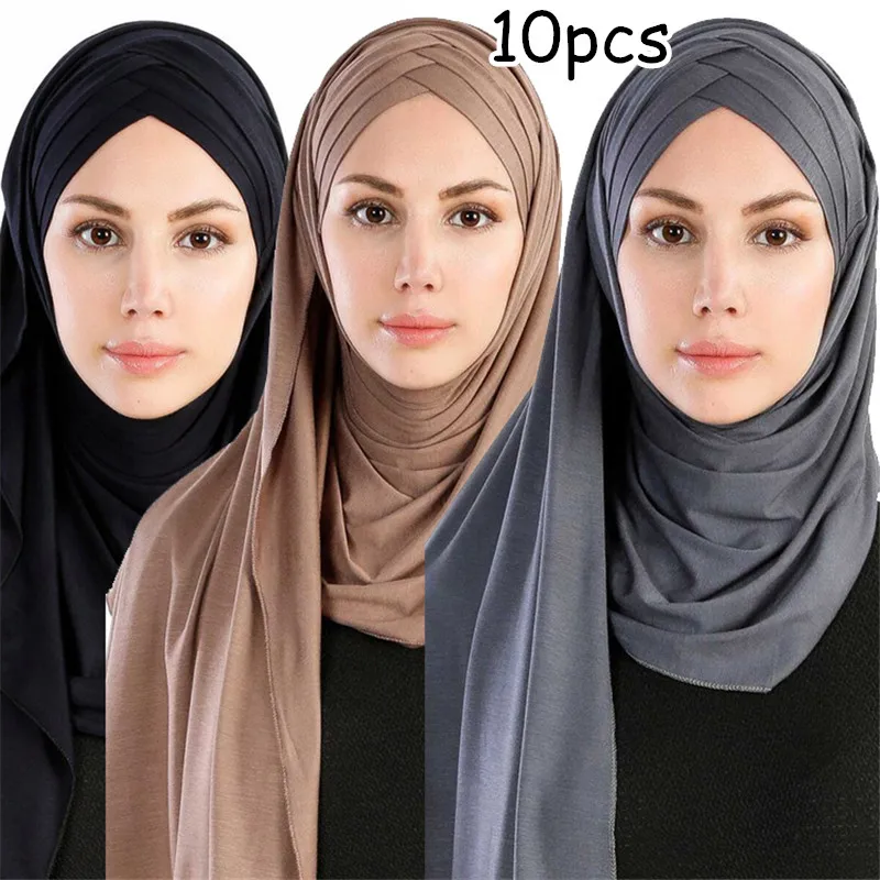 10 шт Мгновенный твердый Джерси hijabScarf длинный головной убор накидка шаль скромная шапка мгновенный подшарф легко готов к износу
