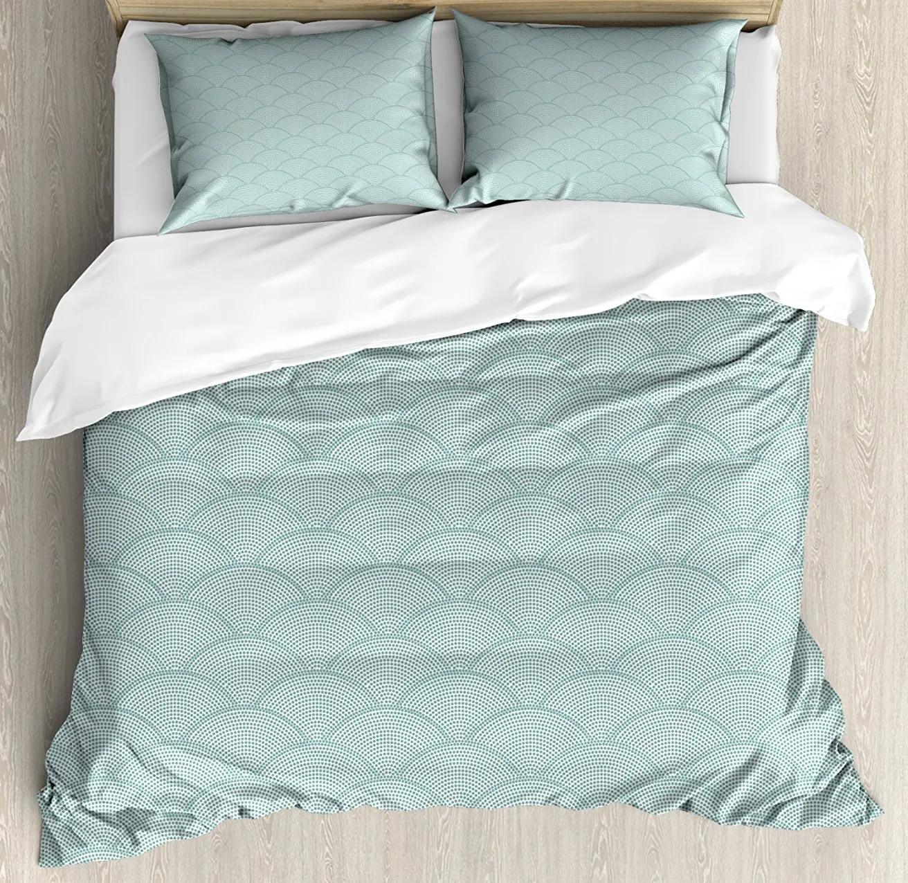 

Duvet Cover Set, Fish Scale Pattern Half Circles Dots Geometric Arrangement Circular Motifs, 4 Piece Bedding Set