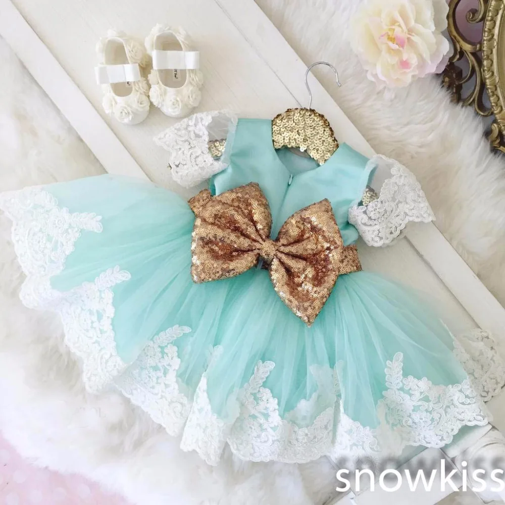 

Bling Golden bow Lace mint green flower girl dresses baby 1 year Birthday Party Dress toddler girl pageant dress ball gowns