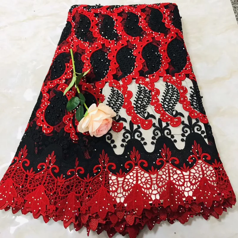 

(5yards/pc) high quality black and red African lace fabric French net lace fabric with guipure lace border and stones bead FLV62