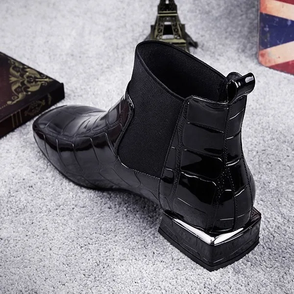 2018 Chic Women Boots Shiny PU Leather Autumn Winter Shoes Woman Spuare Toe Block Heels Peluche Ankle Boots Female Botas Mujer Women's Shoes