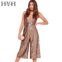 HYH HAOYIHUI V Neck Brown Sequin Strap Jumpsuits Sexy Sleeveless High Waist Overalls Evening Party Club Wide Leg Rompers