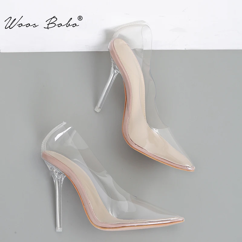 

WOOS BOBO 2019 Summer PVC Transparent High Heels Women Pointed Toe Thin Heels Women Pumps Sexy Shallow Wedding Shoes Woman
