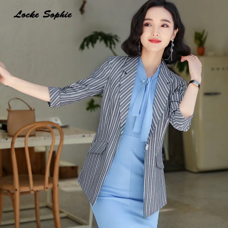 1pcs Women's Plus size Long Blazers coats 2019 Autumn Fashion cotton blend stripe Small Suits jackets ladies Skinny Blazers Suit
