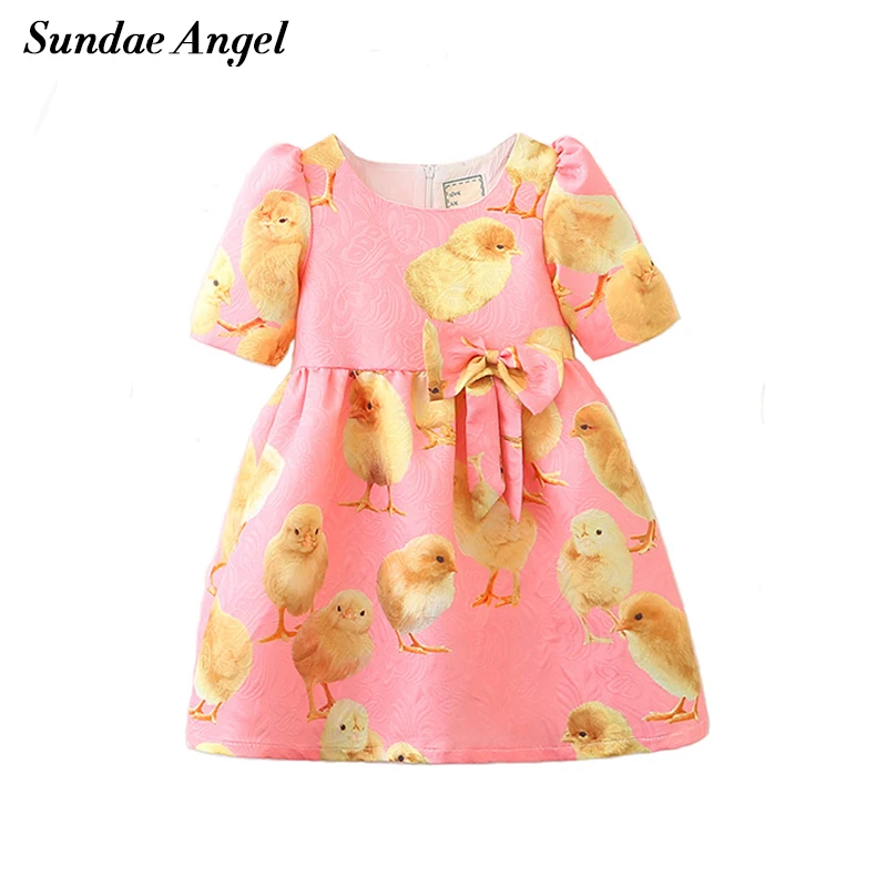 Sundae Angel Girl Print Dress Brand Short Sleeve Kids Dresses For Girls Spring Bowknot Chicken Pattern Children's Clothes 3-8 Y | Детская