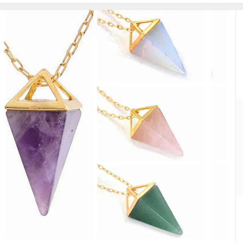Natural Gem stone Pyramid Pendant, Point Spike Pendant, Gem Pendulum Necklace Pendant, Gold-color brass Double Pyramid