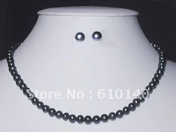 

5PCS 7-8mm BLACK FRESH WATER PEARL NECKLACE AND EARRINGS