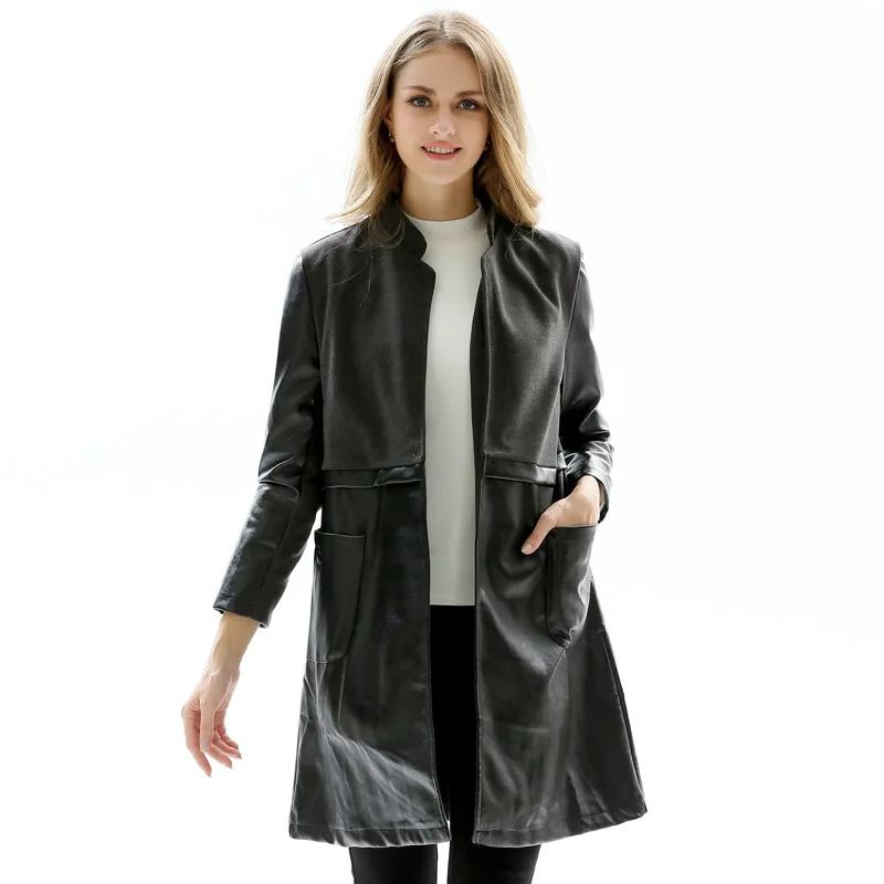 Oversized Spring Autumn Women Patchwork Faux Leather