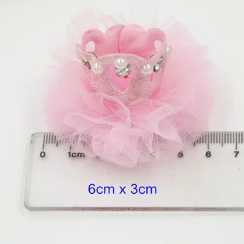 

6 pcs Girl's Headwear Accessories -Mesh Flower With Crown,6cm x 3cm Handmade Fabric Flowers,Pear & Rhinestone Decorated Flowers