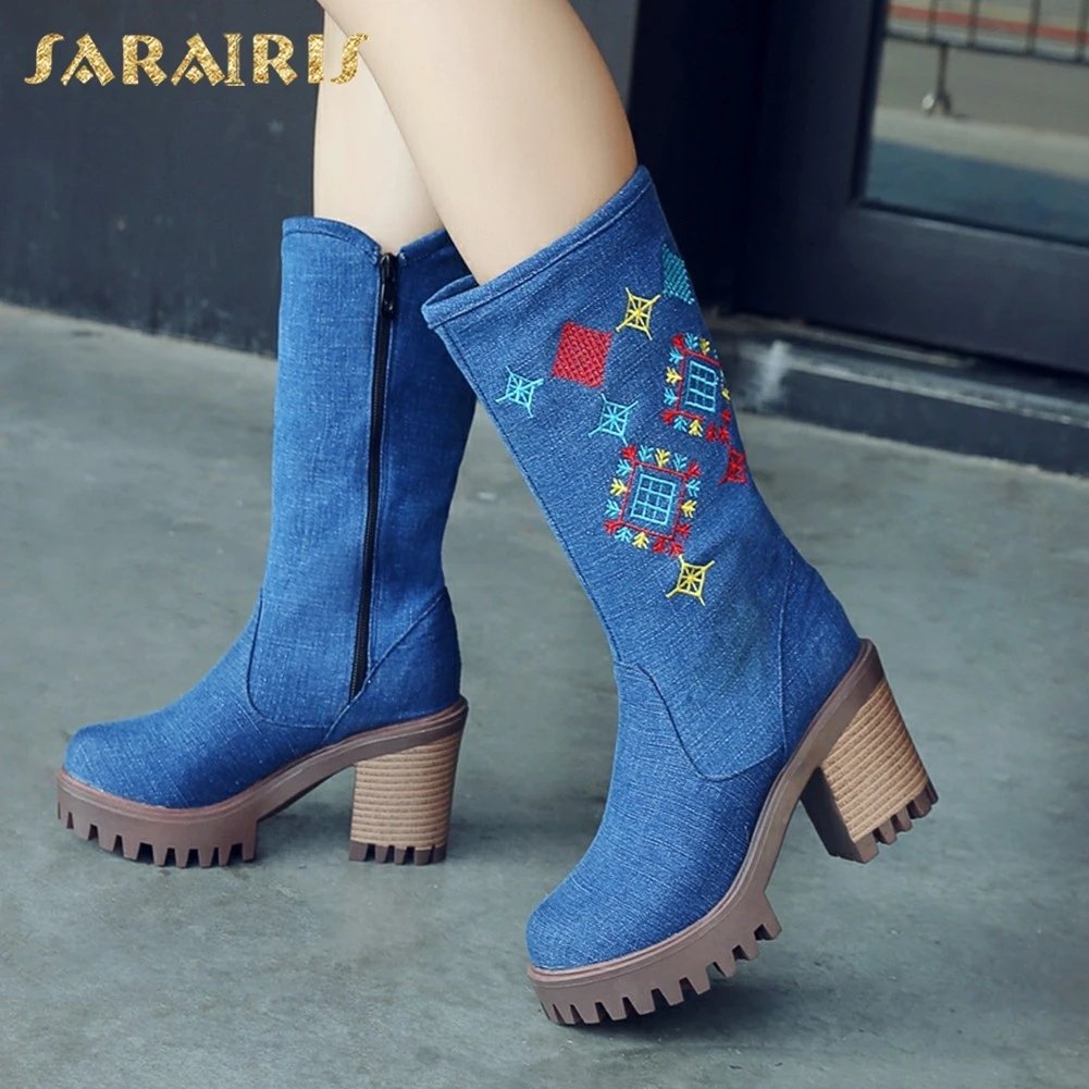 

SARAIRIS Fashion 2018 Large Size 34-43 square High Heels denim Zip Up Brand Shoes Woman Boots Winter Mid Calf Boots Female