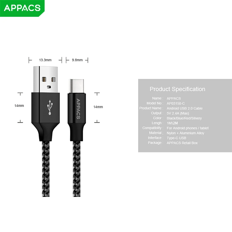 APPACS 2 шт Тип usb C кабель 2.4A Быстрый зарядный кабель для передачи данных для samsung S8 huawei P10/9 Xiaomi USB-C быстрое зарядное устройство для передачи данных кабель 1м 2М