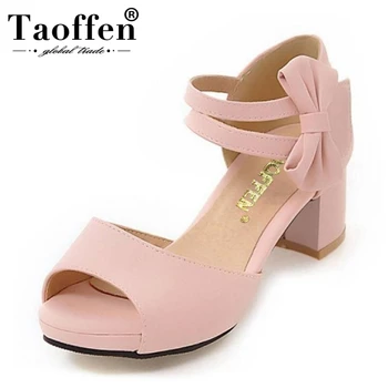

TAOFFEN Plus Size 31-47 Women Shoes Women Sandals Squared Heels Bowtie Bowknot Ankle Strapped Peep Toe Casual Fashion Footwear