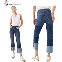 Новинка весны горячие женские джинсы девять очков повседневные женские брюки с высокой талией сексуальные широкие женские свободные прямые джинсы брюки