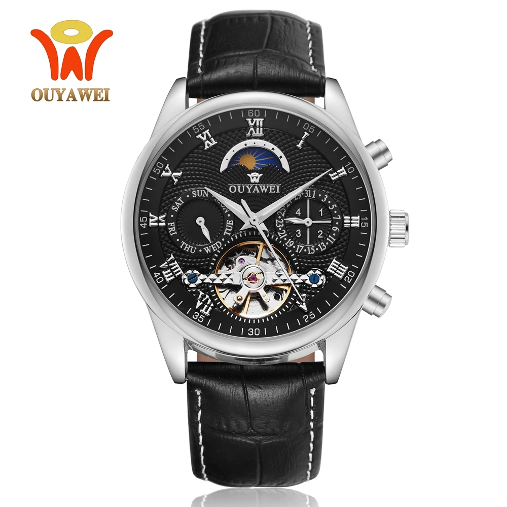 

OUYAWEI Skeleton Automatic Mechanical Men Wristwatch Black Leather Strap Luxury Tourbillon male Watch Relojes Hombre Gifts