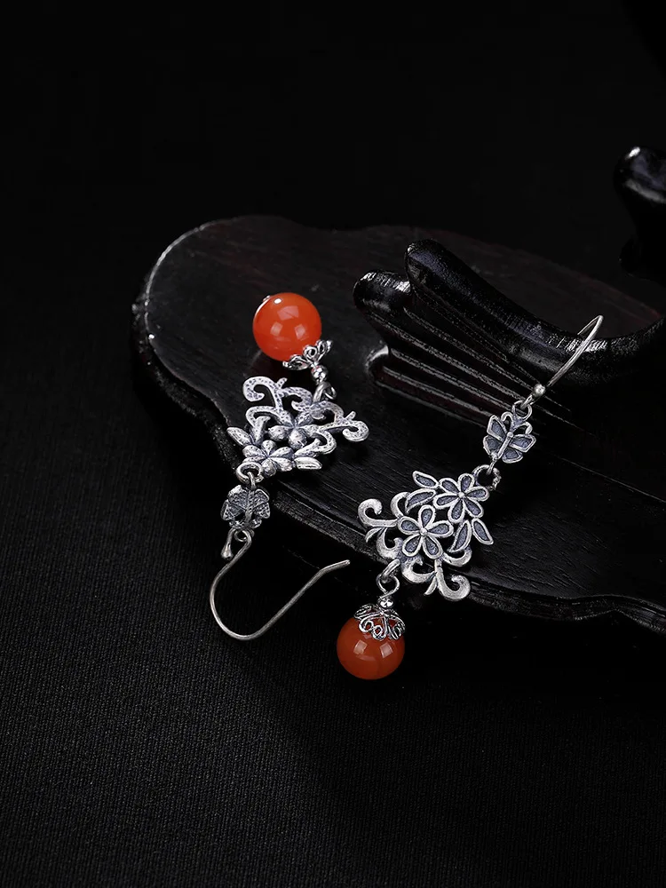 Uglyless Vintage Exotic Thai Silver Earrings for Women Real Solid 925 Silver Fine Jewelry Agate Ball Drop Earrings Ethnic Bijoux