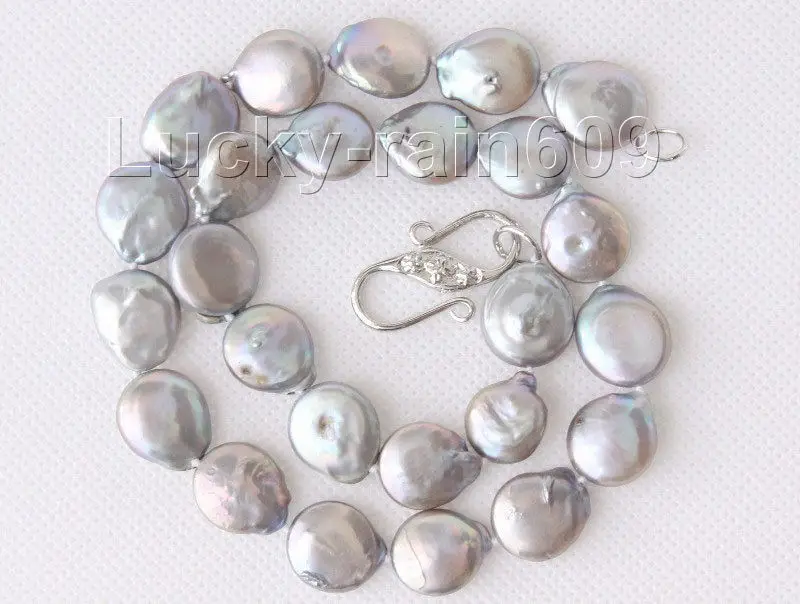 

FREE SHIPPING *******Genuine 17" 14mm coin fastener Gray pearls necklace 18KGP clasp e1961