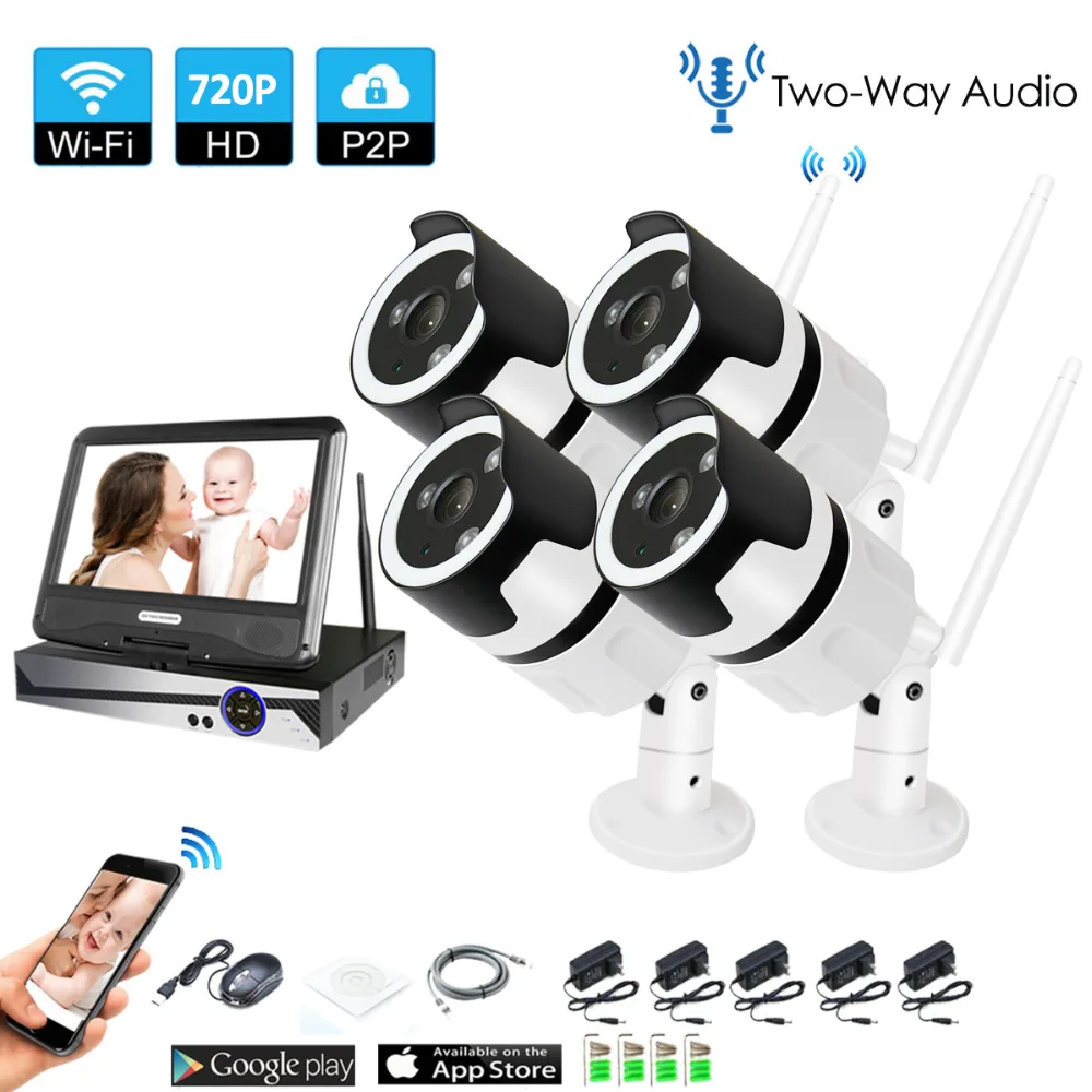 

4CH two way audio talK HD Wireless LCD NVR Kit P2P 720P Indoor Outdoor IR Night Vision Security 1.0MP IP Camera WIFI CCTV System