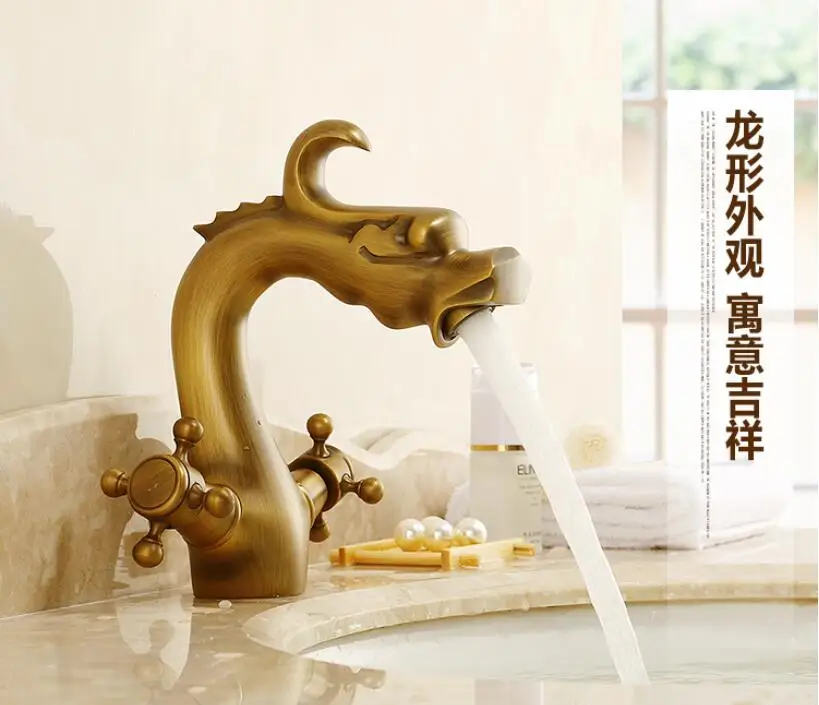 

European-style copper antique hot and cold faucet Dragon-shaped retro high single-hole washbasin bathroom faucet