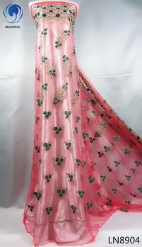 

BEAUTIFICAL (5yards/lot)Laces fabrics nigerian tulle mesh lace embroidery with beads/stones Hot sale french lace for dress LN89