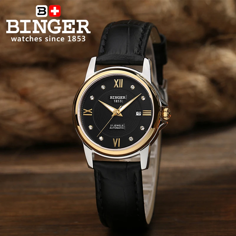 Hot Fashion Binger Original Top Brand Women Dress Luxury Automatic Mechanical Watch Self-Wind Leather relogio montre femme