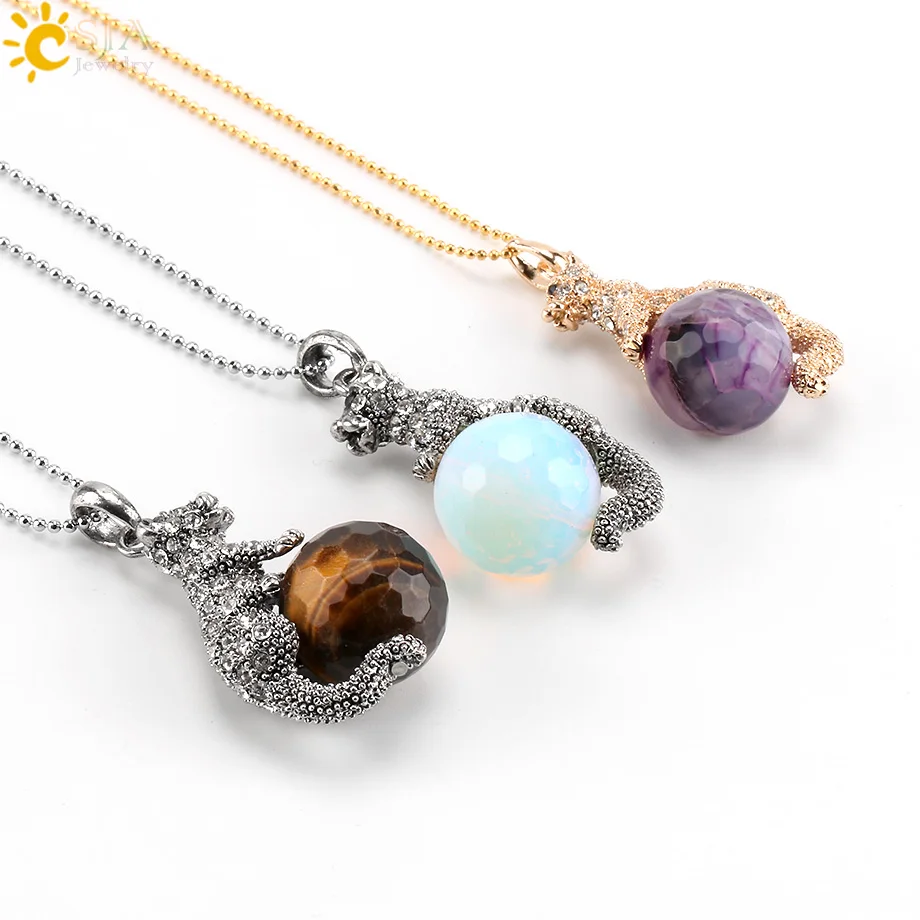 

CSJA Hot Men Women Running Leopard Necklace Gold Color Rhinestone Beads Pendant Carved Section Natural Stone Bead Jewelry E483
