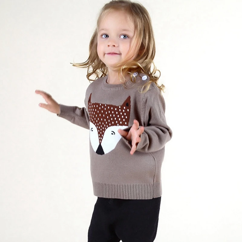 INS/свитер для маленьких мальчиков и девочек, вязаные пуловеры, популярные детские милые пуловеры с вышивкой лисы, зимняя одежда желтого и серого цвета, для детей 12 мес.-5 лет, GW40