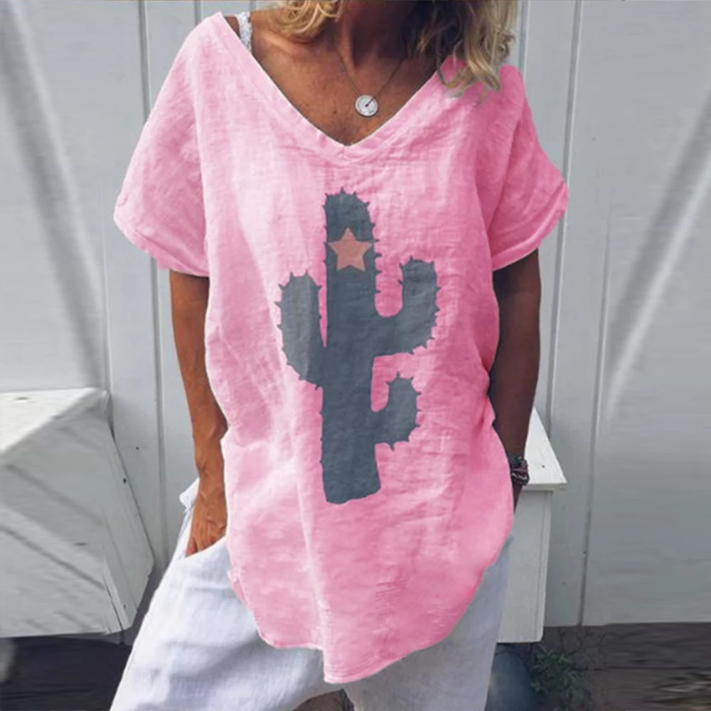 Women's White Blouse Cactus Printed Womens Tops and Blouses Summer Short Sleeve Loose Shirt V-Neck Casual Summer Top Tunic 5XL