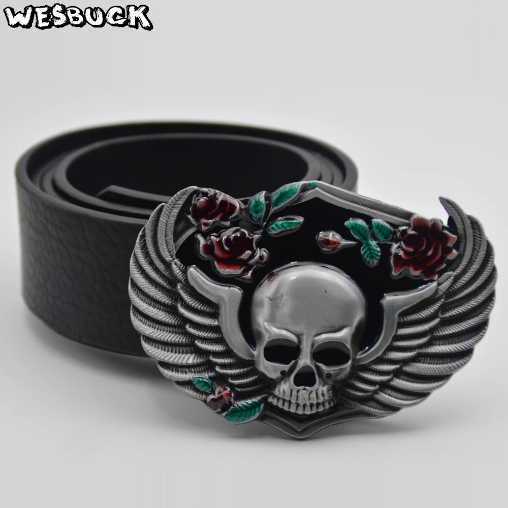 Wesbuck Brand Классический 3D розы череп пряжки ремня для Для мужчин джинсы аксессуары Для мужчин s Серебрянные пряжки для ремней с поясом из искусственной кожи