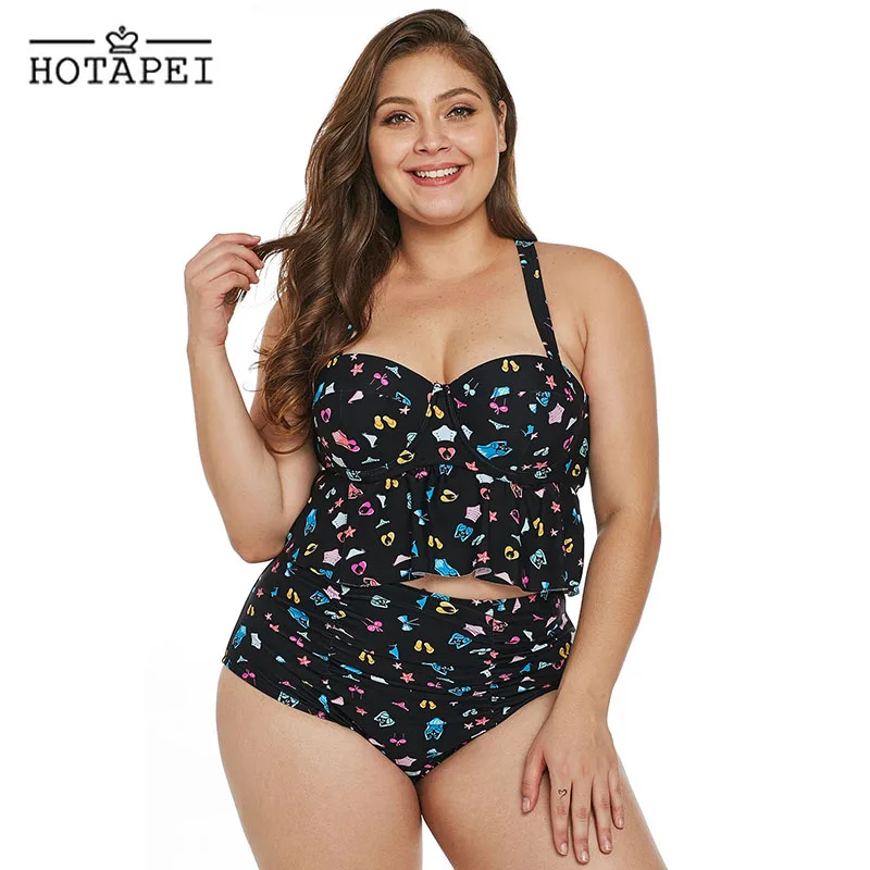 

Hotapei Plus Size Swimsuit Women High Waist Ruffled Bikini set Pattern Print Tankini L756 Push Up Monokini Swimwear Bathing Suit