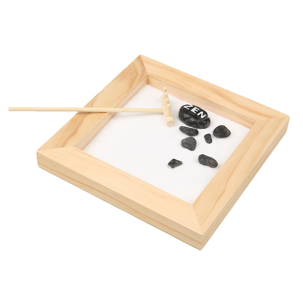 Table Desk Zen Garden Sand Wood Tray Natural Stones Rake Meditation Craft Home Table Decor Miniature 