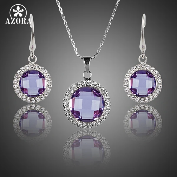 AZORA Elegant Purple Round Stellux Austrian Crystal Drop Earrings and Pendant Necklace Jewelry Set TG0185 | Украшения и