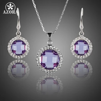 

AZORA Elegant Purple Round Stellux Austrian Crystal Drop Earrings and Pendant Necklace Jewelry Set TG0185