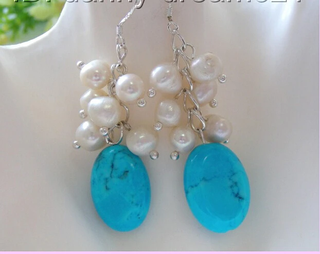 

Free shipping wonderful 15mm blue turquoise white freshwater pearls earrings 925s b398 6.10