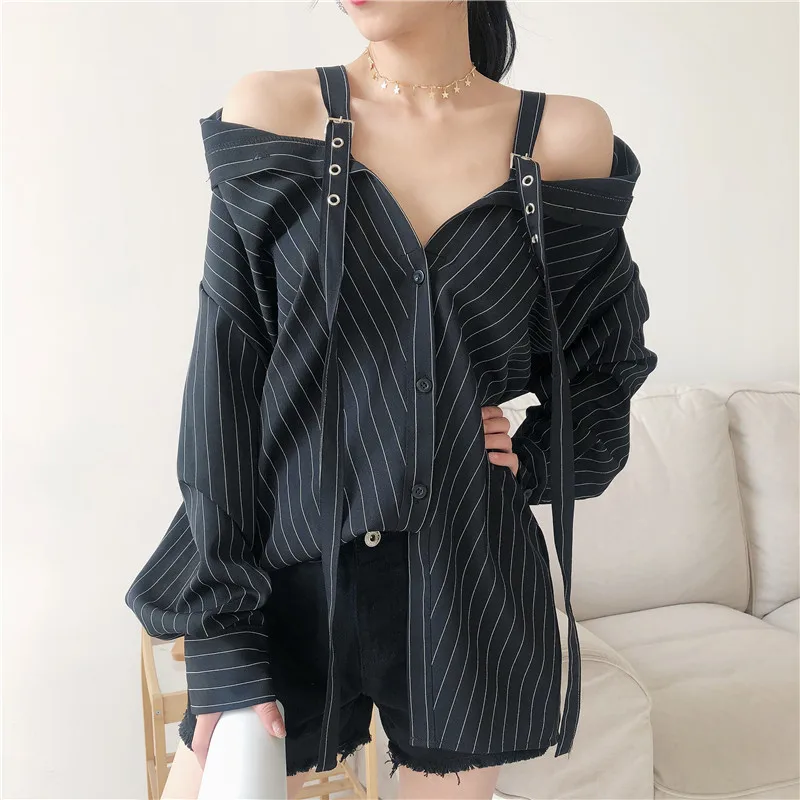  LANMREM 2020 New Fashion Personality Black Strap Vertical Stripe Off-shoulder Long Sleeve Shirt Fem