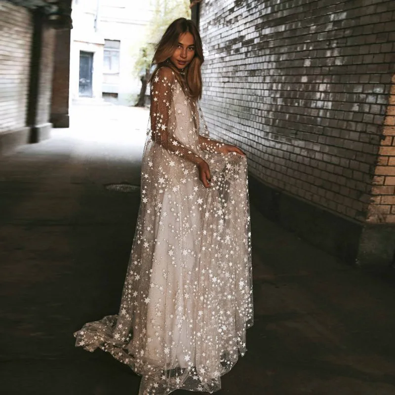 

BKLD Star Sequin Mesh Long Maxi Dress Women Backless Long Sleeve Elegant Female 2019 Summer Holiday Party Bohemian Dresses