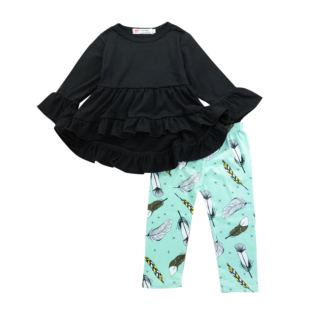 

Fashion Kids Baby Girls Clothes Long Sleeve Black Ruffle Dress Tops Feather Wheatear Pants Clothing Set Outfits Children 2-7Y