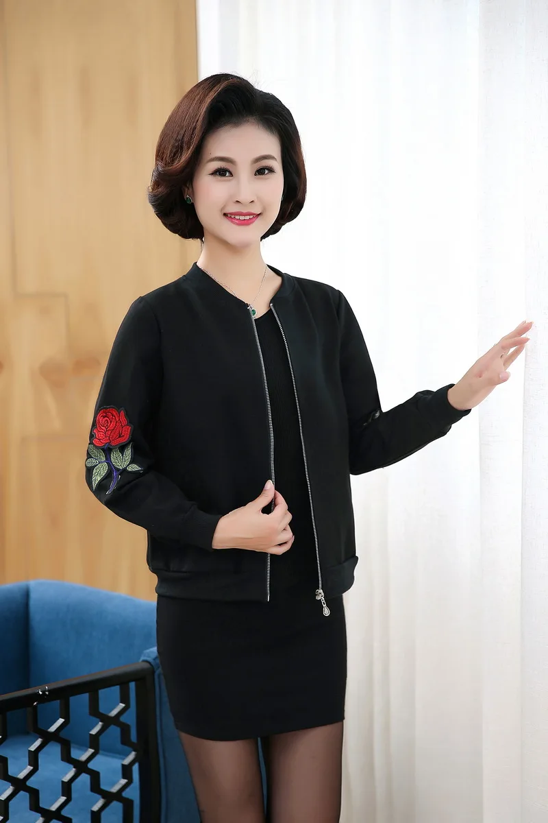 WAEOLSA Womens Casual Bomber Jacket Middle Aged Woman Black Short Coat Embroidery Outerwear Autumn Mother Jacket Zipper Front (17)
