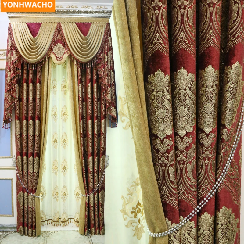 

Custom curtains Gorgeous villa European bedroom red high-end Thick chenille cloth blackout curtain tulle valance drapes B299