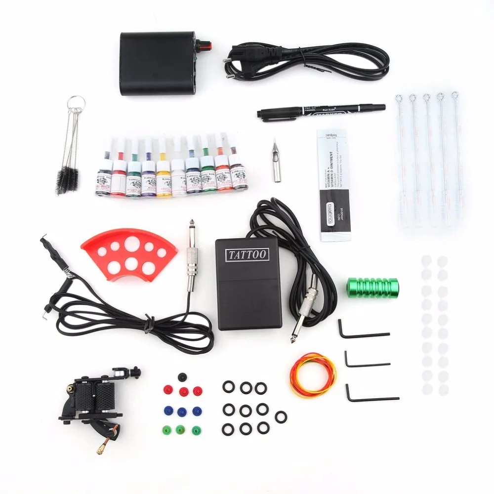 Kopen Compleet Tattoo Kits Professionele Gun Machine Power Pedaal 10 Kleur Inkt Sets Voeding Wegwerp Naald Aangrijpend Tip EU Plug