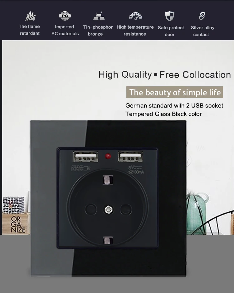 Штепсельная розетка европейского стандарта с usb-розеткой, стеклянная штепсельная вилка 2A с двойным usb-зарядным устройством, штепсельная розетка 16A 2100ma, электрическая настенная розетка