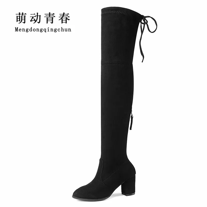 

2018 Fashion Women Boots Round Toe Lace Up 6.5cm High Heels Boots Women Cross-tied Autumn Winter Over the Knee Boots Size 34-43