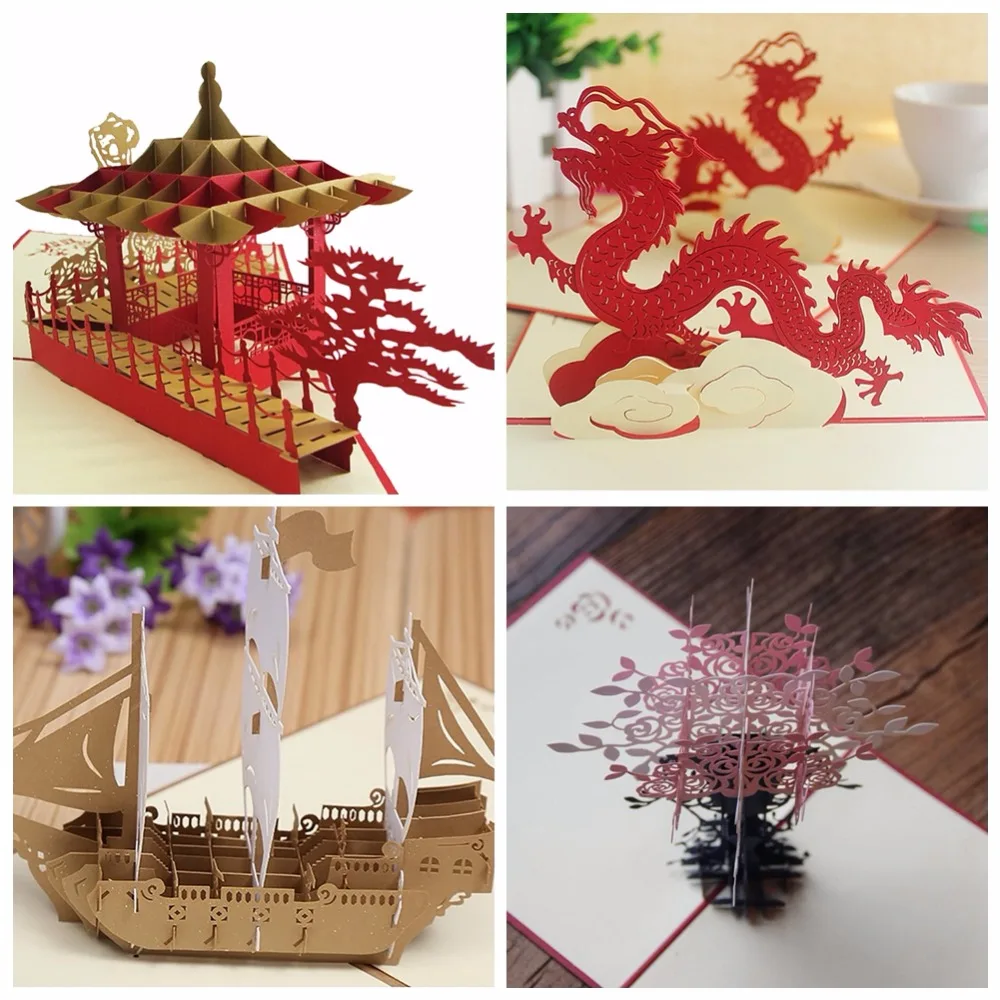  3D Paper Card New Year Chinese Style Xmas Wedding Festival Greeting Invitation Handmade Personalize - 32882396012