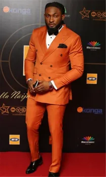 

Elegant Double Breasted Men Suit Orange Custom Wedding Tuxedos Groom Suits For Men Business Men Office Wear (Jacket+Pants)