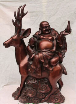 

bi003515 22"Chinese Bronze Wealth Yuanbao Happy Laugh Maitreya Buddha On Deer Vase Statue