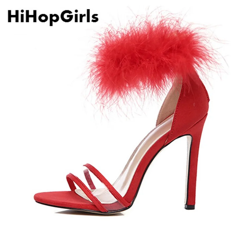 

HiHopGirls 2018 new Summer Roman Transparent Rabbit hair Women shoes Sexy High Heels fashion Solid color Peep Toe Woman Sandal